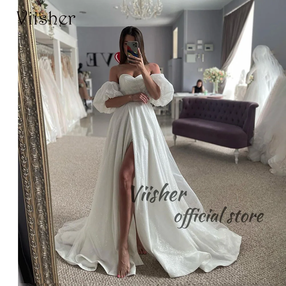 

Viisher Sparkly White Wedding Dresses Puffy Sleeve Sweetheart Long Bridal Gowns Leg Split Beach Boho Wedding Bride Dress