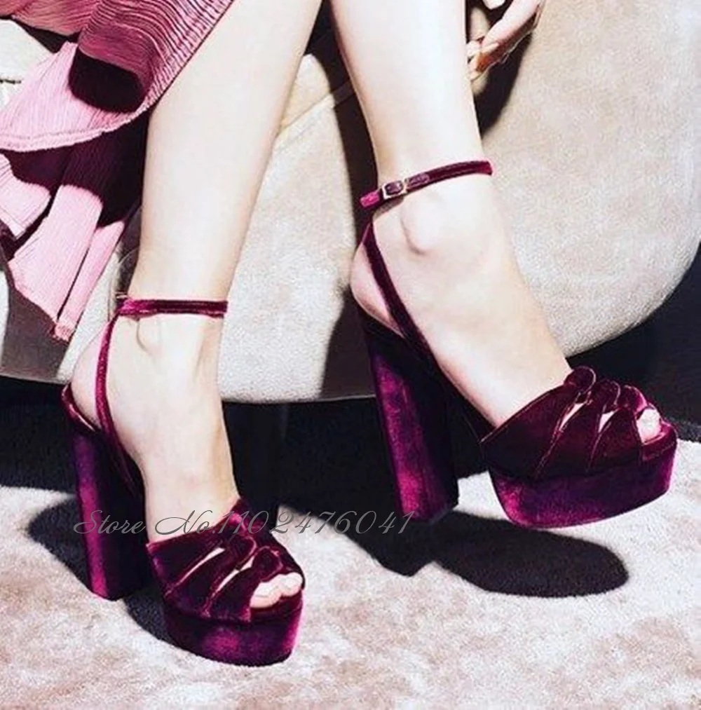 

Women Wine Red Velvet Bowknot Chunky Heel Sandals Burgundy Luxury Platform Butterfly-knot Dress Pumps Elegant Party Shoes Size46