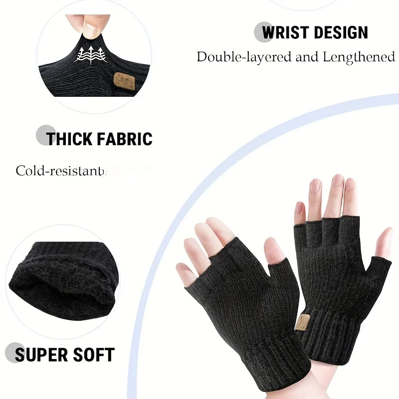 Fingerless Gloves, Winter Warm Knitted Half-Finger Gloves for Work, Running, Cycling, Driving, Unisex, Casual Ribbed Cuff Design