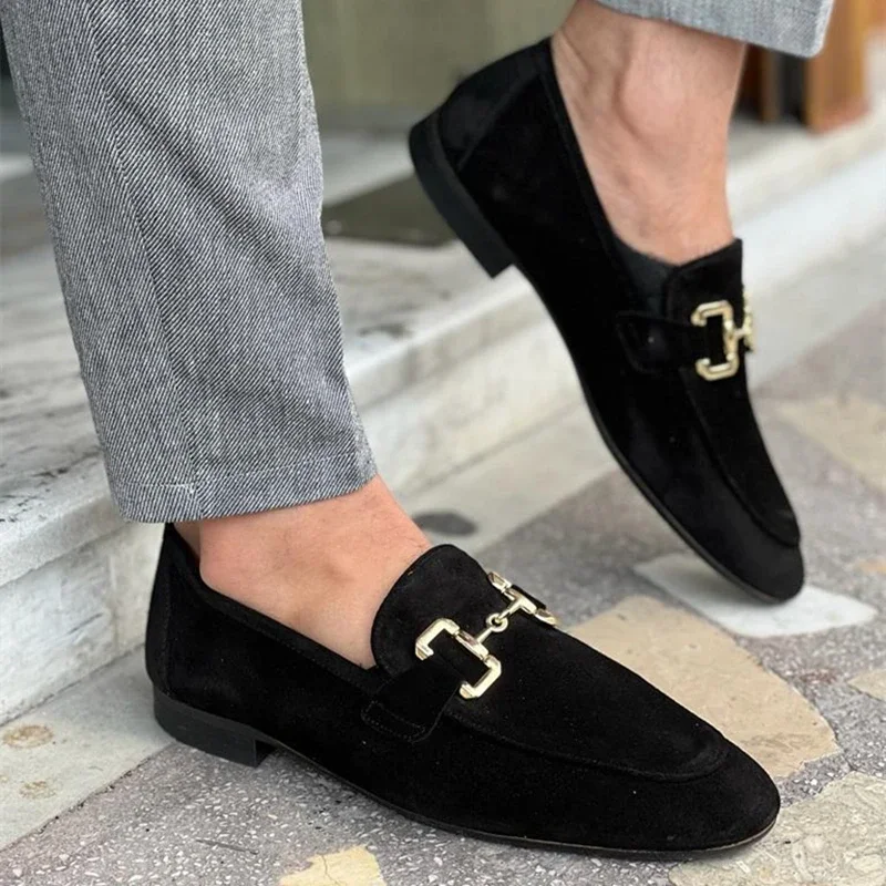 Loafers Men Shoes Black Beige Flock Round Toe Metal Decoration Men Dress Shoes Slip on Men Shoes