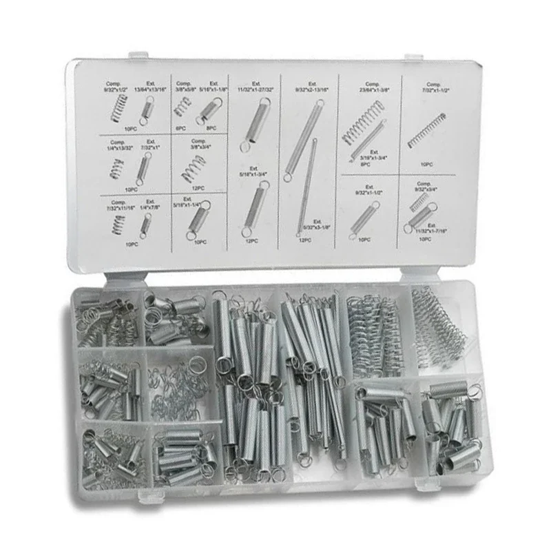 200pcs Metal Steel Spring Set Compression and Extension Springs Kit Portable Hardware Tools Plastic Storage Box Tool Accessories
