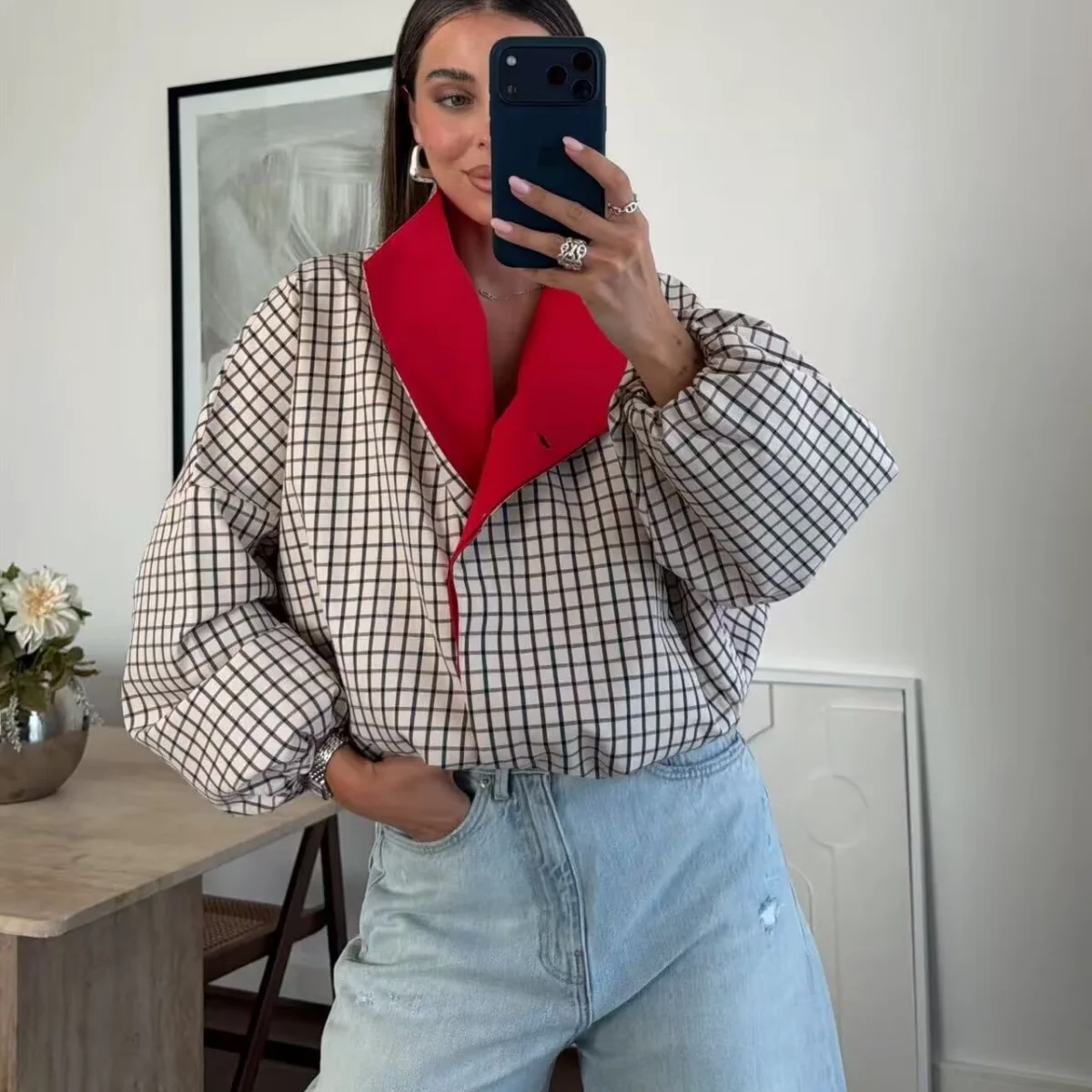 Fashionable Checkered Print Color Block Collar Jacket Women's Short Outerwear Polyester Fiber Long Sleeve Button Closure