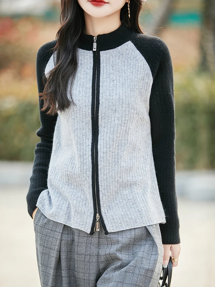 

Autumn Winter Women 100% Merino Wool Knitwear Cardigan Sweater Basic Long Sleeve Cashmere Sweater Clashing Color Thick Warm Tops