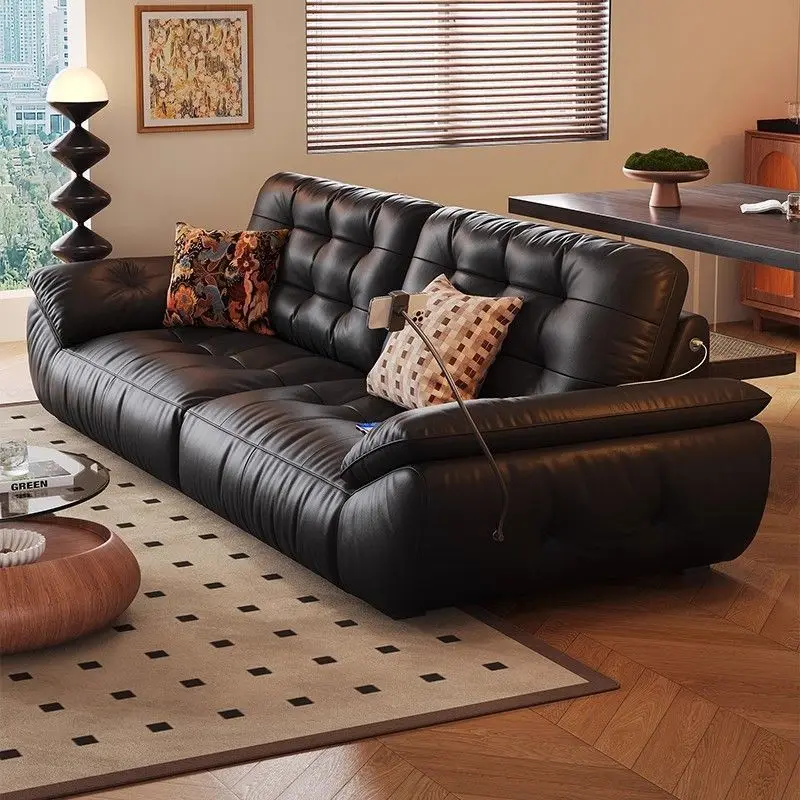 High-end leather art multi-functional ultra-soft sofa, light luxury black cloud leather sofa