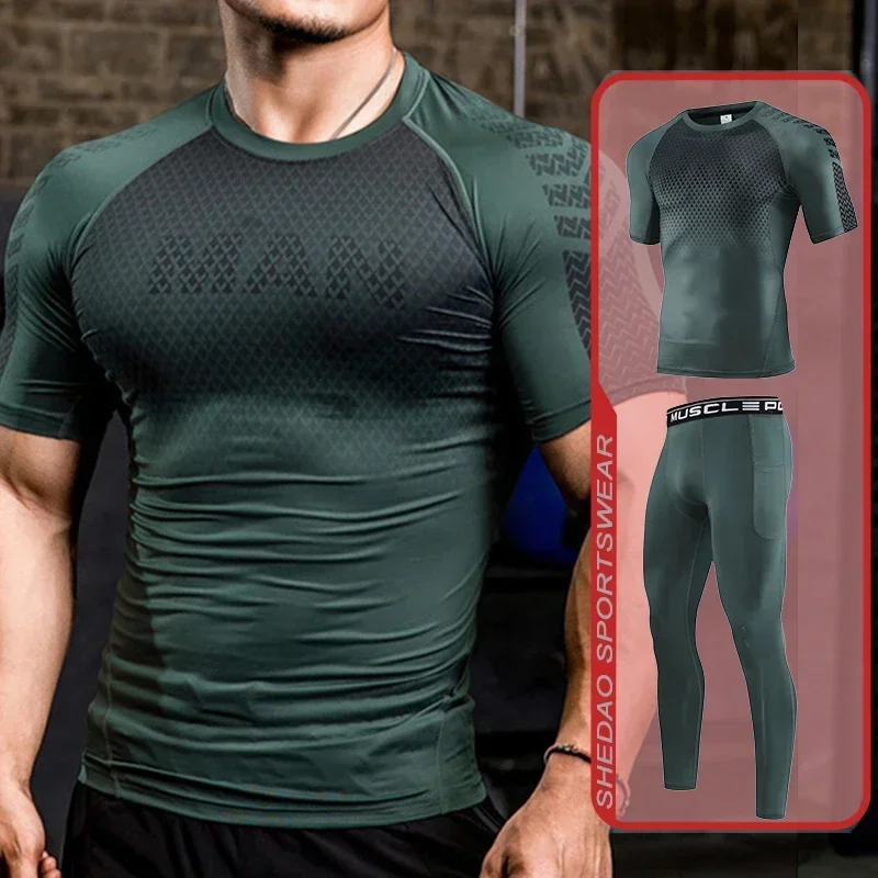 2pcs Set Men Running Compression Sportswear Gym Jogging Leggings Fitness Tight Sport T-shirt Pants Outdoor Sweatpants