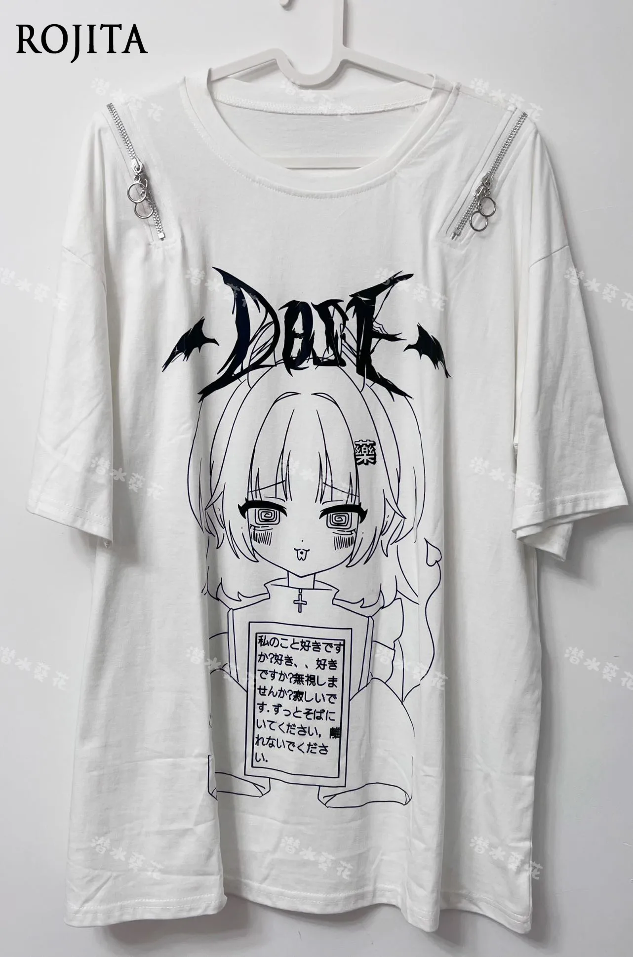 

Original Zipper Off-the-shoulder Printed T-shirt Subculture Loose Japanese Cute Short-sleeved Y2k Top Women's T-shirt