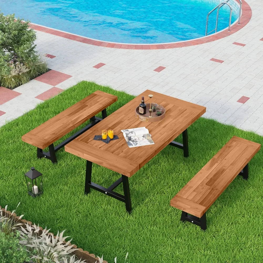 

Outdoor Patio Dining Set Acacia Wood Table Bench Furniture Set with 1 Rectangular Picnic Wooden Table and 2 Benches for Backyard