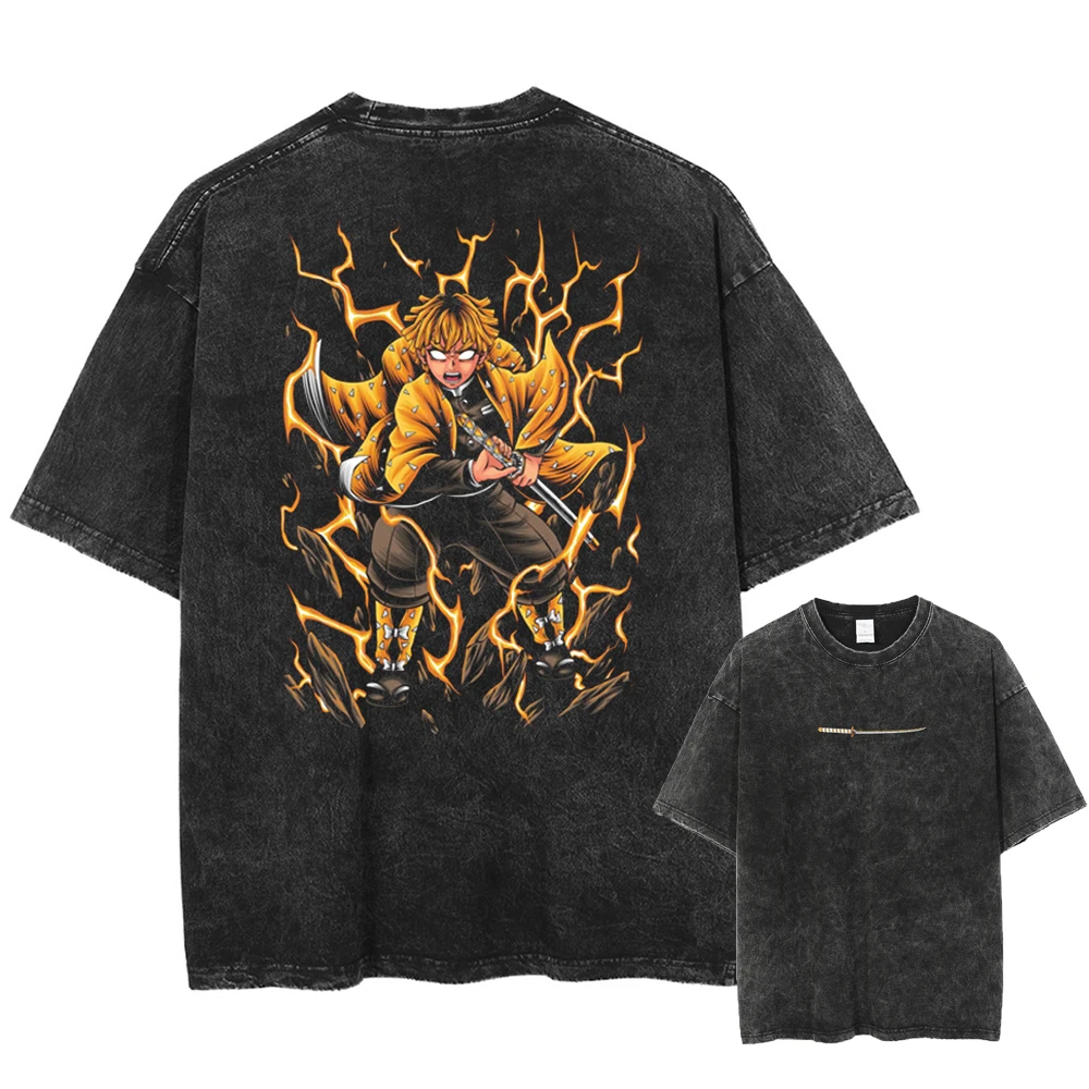 

Summer Short Sleeve Men Washed T Shirt Hip Hop Streetwear Vintage Anime Graphic Print Fashion Cotton Loose Top Tee