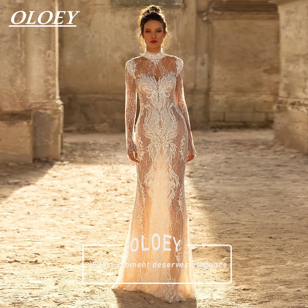 OLOEY Luxury Lace Mermaid Wedding Dress High Neck Full Sleeves 2027 Boho Bridal Gown Customized Floor Length Robe De Mariage