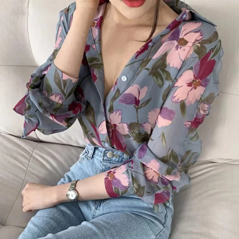 Sexy Sunscreen Women Shirt Flower Print Casual Long Sleeve Lapel Button-up Thin Perspective Chiffon Blouse Vintage Shirt 여름셔츠