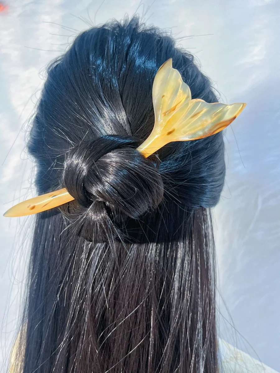 Natural Sheep Horn Hairpin, Big Fish and Begonia, Handcarved Chinese Style Hanfu Hair Accessories, Girls' Gifts, Simple and Eleg