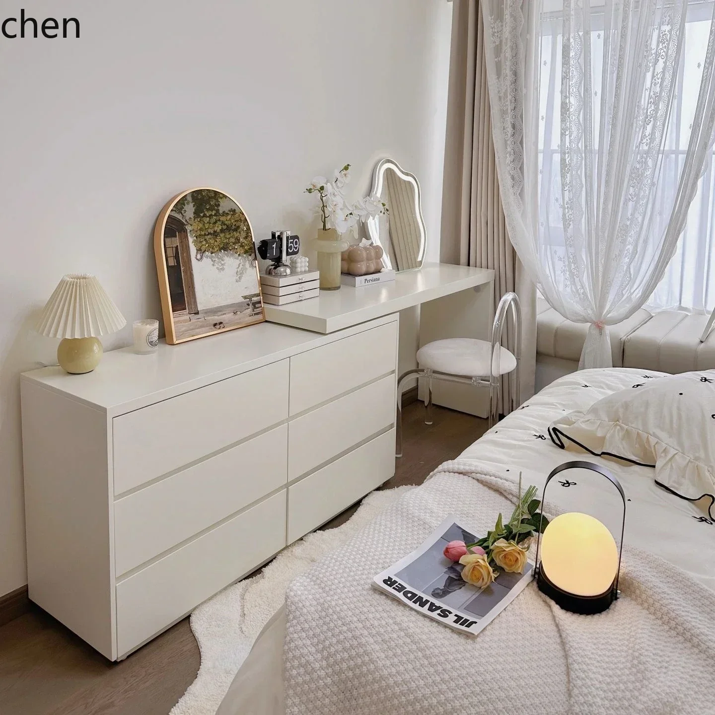 DSA Solid Wood Dressing Table Storage Cabinet Integrated Bedroom Storage Six-Drawer Cabinet Extendable Corner Makeup Table