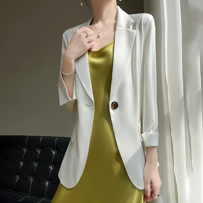 화이트 캐주얼 루즈 얇은 7부 새틴 남성 정장 재킷 봄 여름 출퇴근용 순색 원버튼