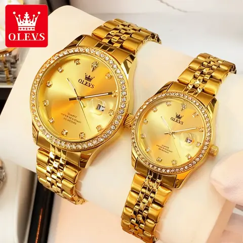 OLEVS 커플 시계 럭셔리 패션 골드 스테인리스 스틸 오리지널 브랜드 쿼츠 손목시계 연인용 빅 데이트 남녀 시계