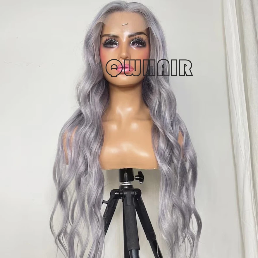 QW Synthetic Hair Light Gray Blonde  Wavy Body Wave Soft 13X4 Lace Front Wig For Women Hair Heat Resistant Fiber Cosplay  Daily