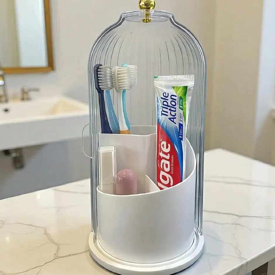360 degree rotating dust-proof storage rack with lid makeup brush holder, multifunctional space saving storage box,