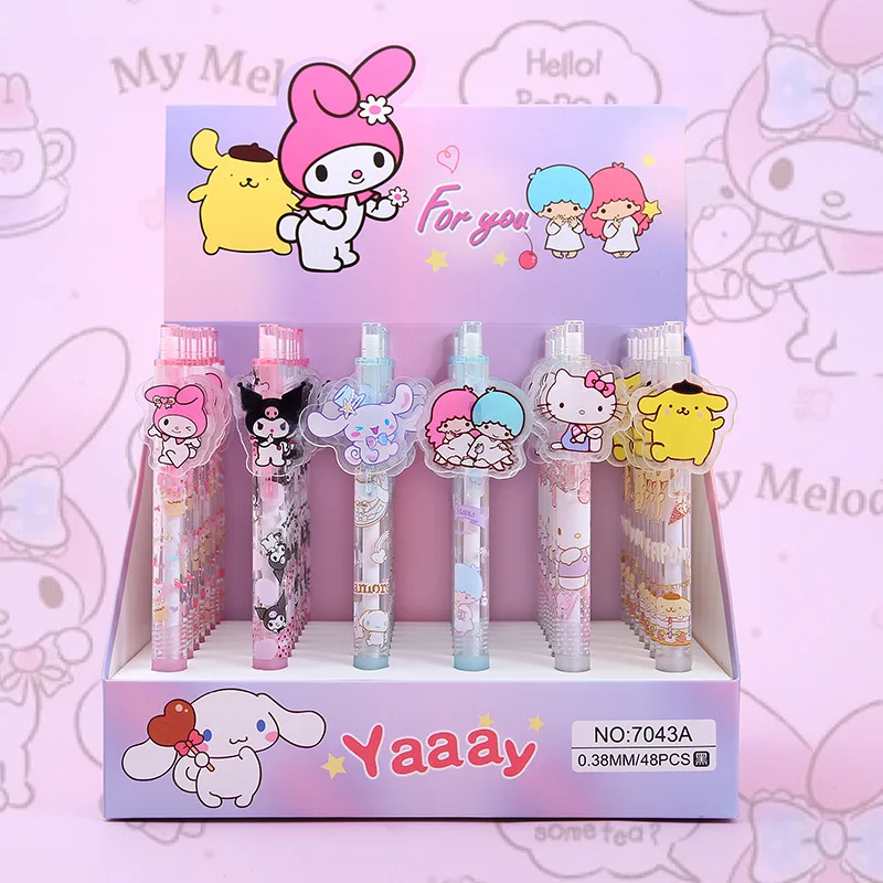 

24 шт., шариковые ручки Sanrio с героями мультфильмов «Hello Kitty Cinnamoroll», милые мелодия Kuromi, 0,5 мм, черные канцелярские ручки, студенческие письменные принадлежности, инструменты