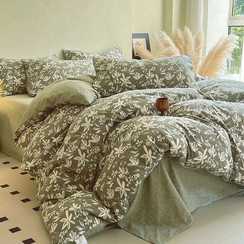 Luxury Floral Printing Bedding Set High Quality Skin-Friendly Bed Sets for Four Seasons Wrinkled Yarn Colorfast Home Textile