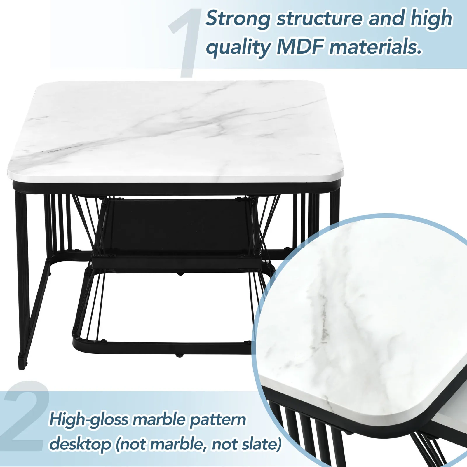 Zestaw 2 nowoczesnych stolików bocznych, PVC o wyglądzie marmuru, matowych czarnych rurek stalowych, 2 stoliki pomiarowe 65x65x45 cm i 45x45x38 cm.