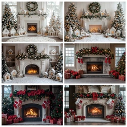 Merry Christmas Burning Fireplace Backdrop Photography Xmas Tree Baby Photo Photographic Family Party Background Photo Studio