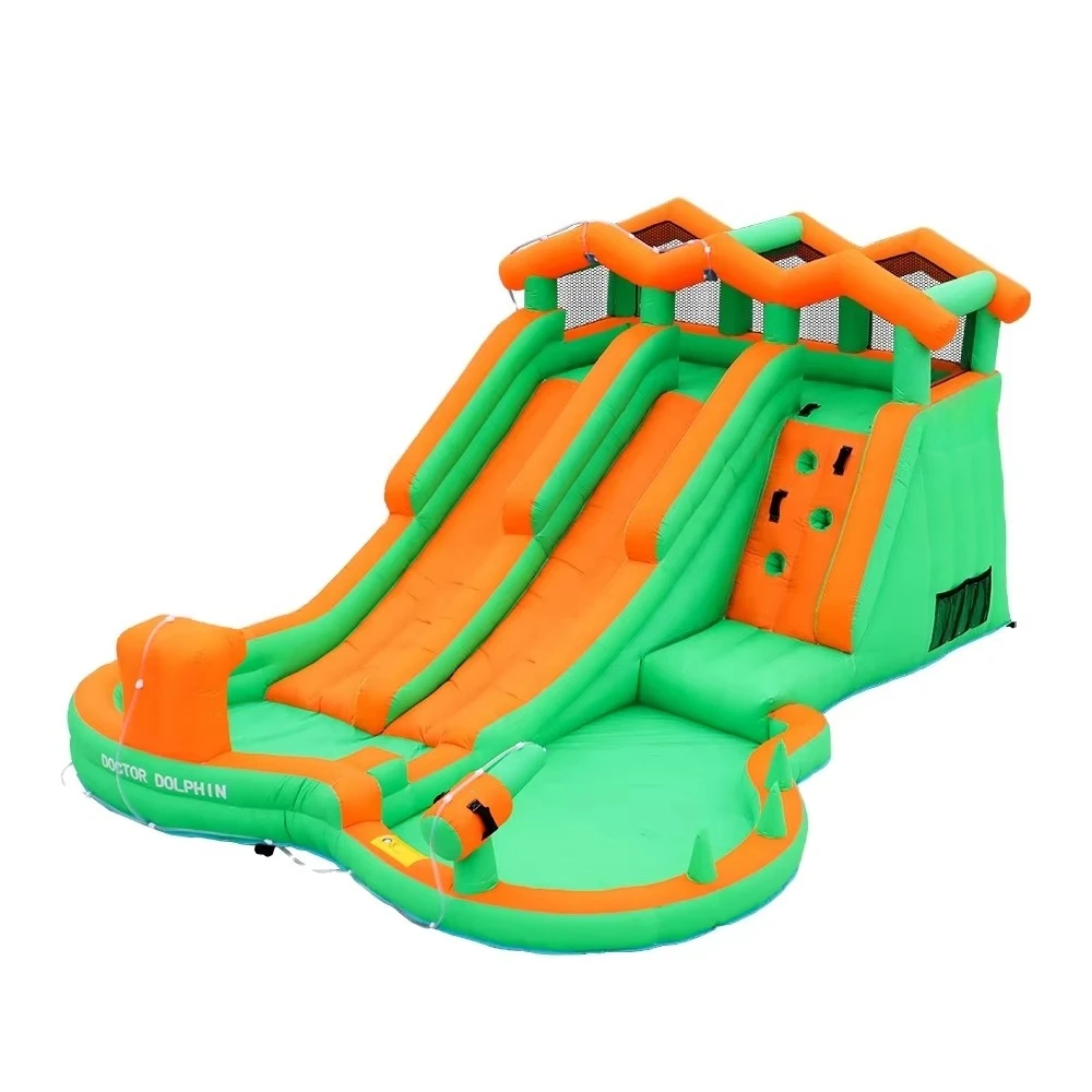Inflatable water park with 2 huge slide splash play centers for kids and adults, perfect for backyard entertainment