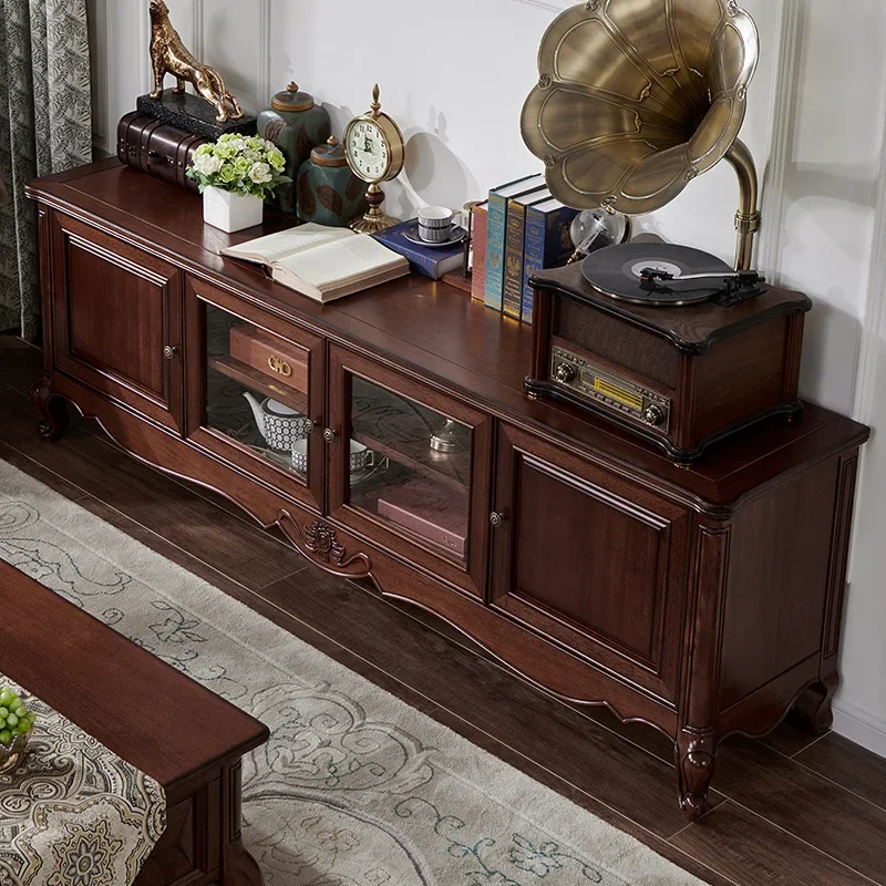 Household solid wood TV cabinet, retro style double door floor cabinet