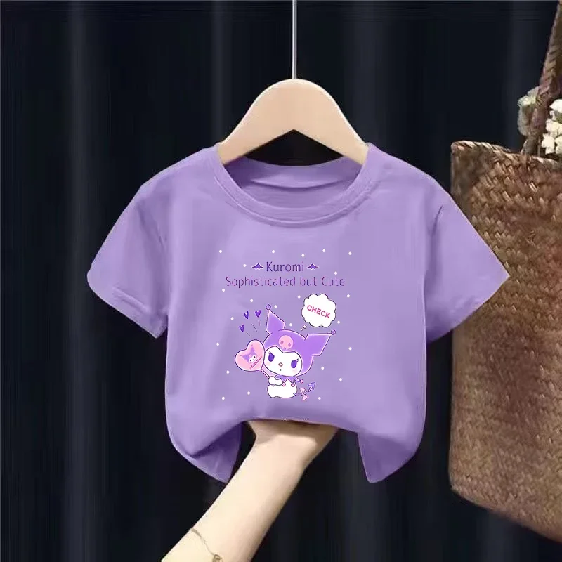 Kuromi Children Short Sleeves T-Shirts Cartoon Fashion Tops Anime Sanrio Girls Purple Kids Summer Tees Clothes Birthday Gift New