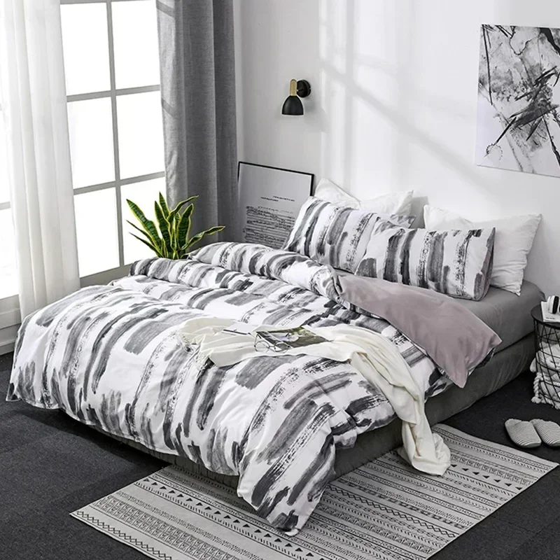 Simple Black and White Bedding Set King Size Plain Leaves Duvet Cover Set Queen Double Full Soft Home Comforter Cover Pillowcase