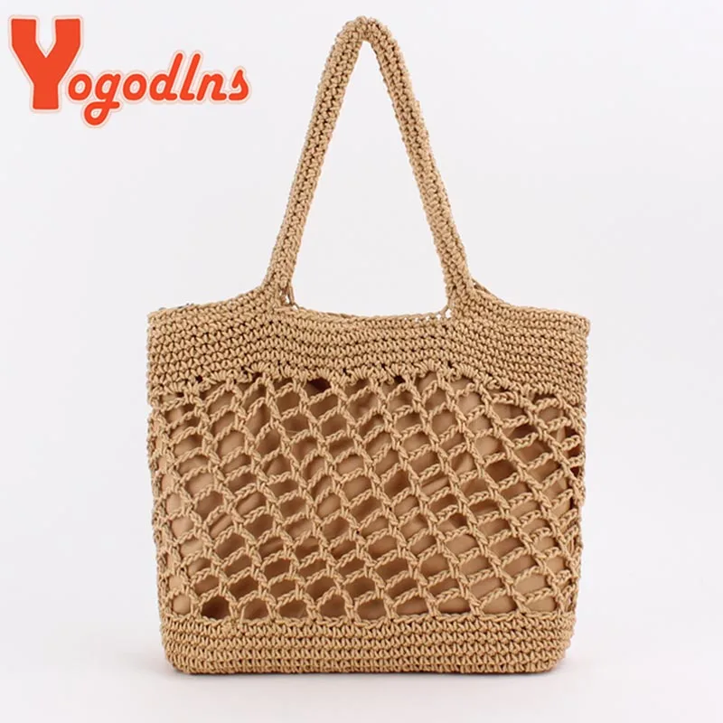 New Crochet Beach Handbag for Girls Summer Straw Rope Hollow Out Hand Woven Totes Bag Women Hollow Knitting Handbag