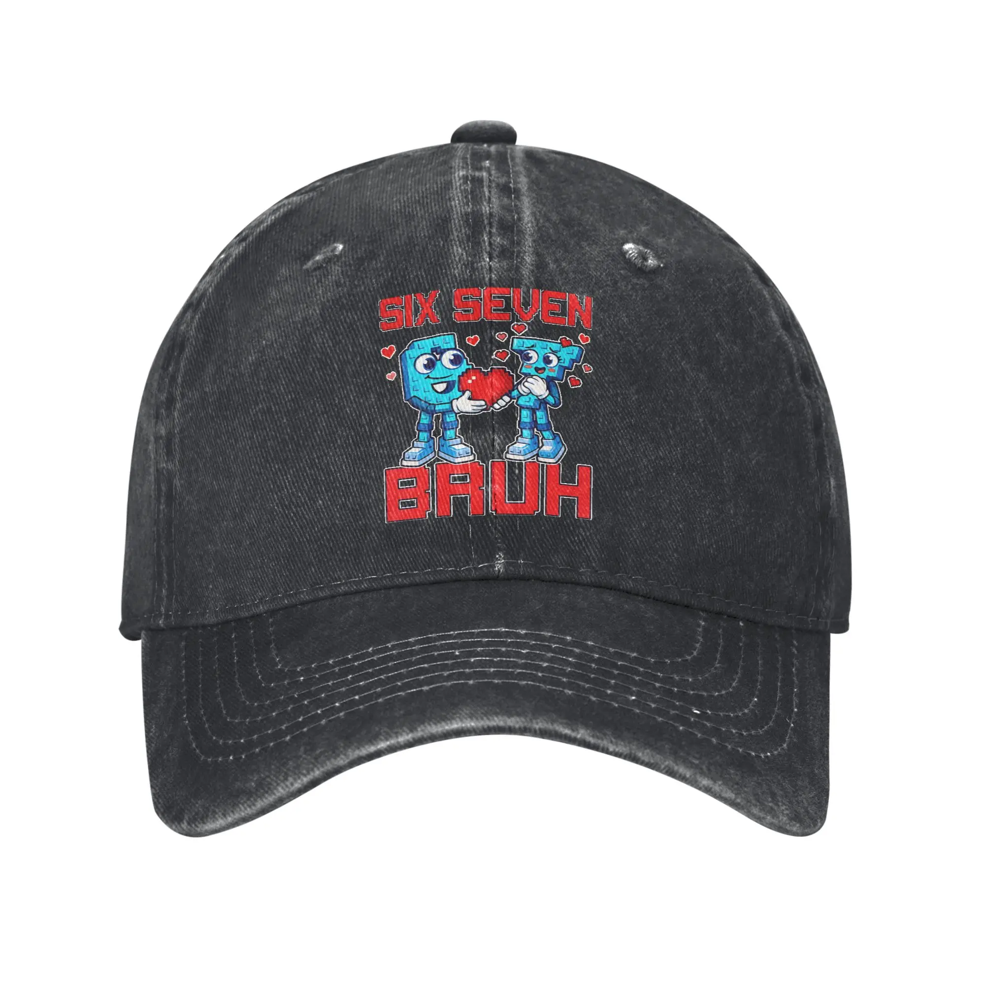 Men Women SIX SEVEN BRUH Pixel Valentine Number 67 Funny Meme Print Hat Classic Distressed Denim Washed  Baseball Cap Adjustable
