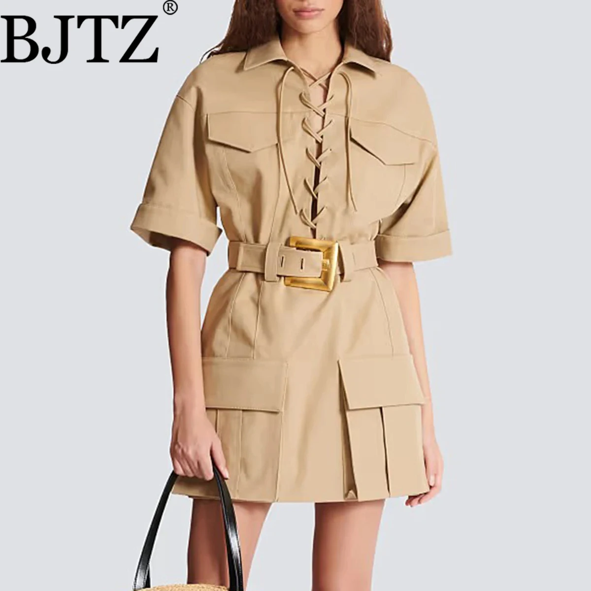 

BJTZ Women’s Designer Drawstring Tie-Waist Short Sleeve Casual Dress Lightweight Spring Autumn Versatile
