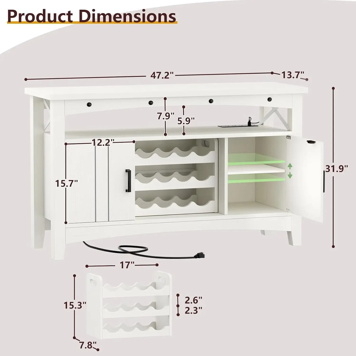 Farmhouse Bar Cabinet with Power Outlets, Liquor Cabinet for Home with LED Lights, Wine Bar Cabinet with Storage & Movable Wine