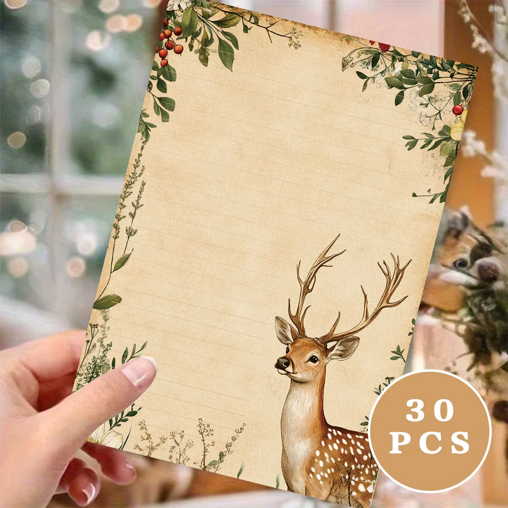 30 Sheets,B5 Vintage Green Plant And Plum Blossom Deer Writing Paper, Lined, No Glue, Perfect For Notebooks, Memos, And Stickers