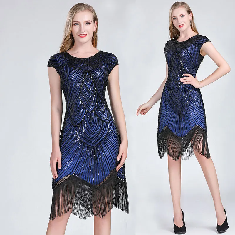 

Women's 1920s Sequin Beaded Tassels Hem Flapper Dress Sleeveless Gold Thread Embroidery Fringe Great Gatsby Party Dress