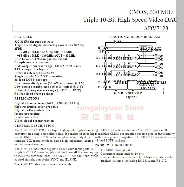 1Pcs/lot ADV7123KSTZ50 LQFP48  ADV7123KSTZ  ADV7123  CMOS, 330 MHz Triple 10-Bit High Speed Video DAC Chipset 100% New original