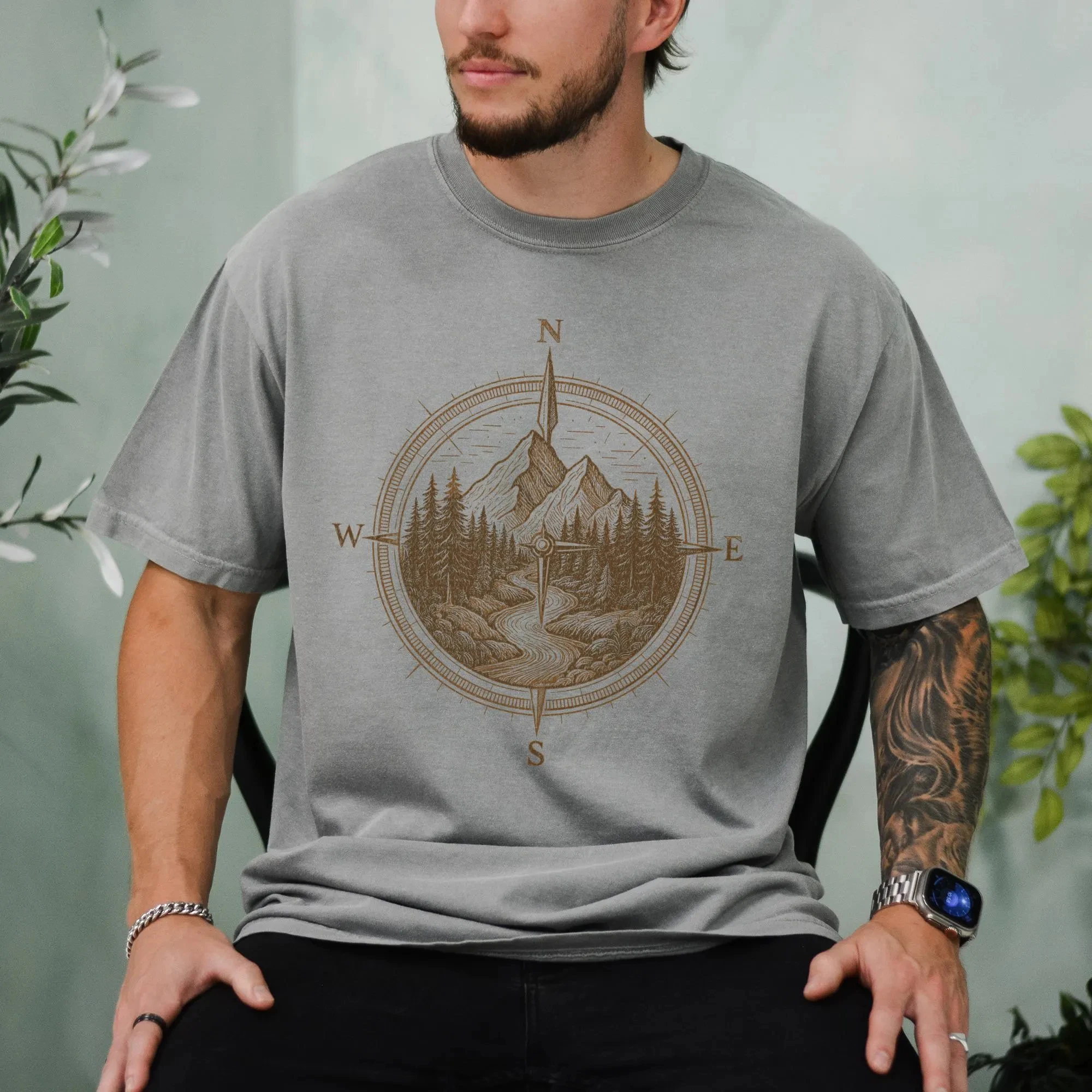 Men's Summer Casual T-shirt Simple and Comfortable Compass Mountain Graphic MenTee Comfort Colors Vintage Adventure Hiking Shirt