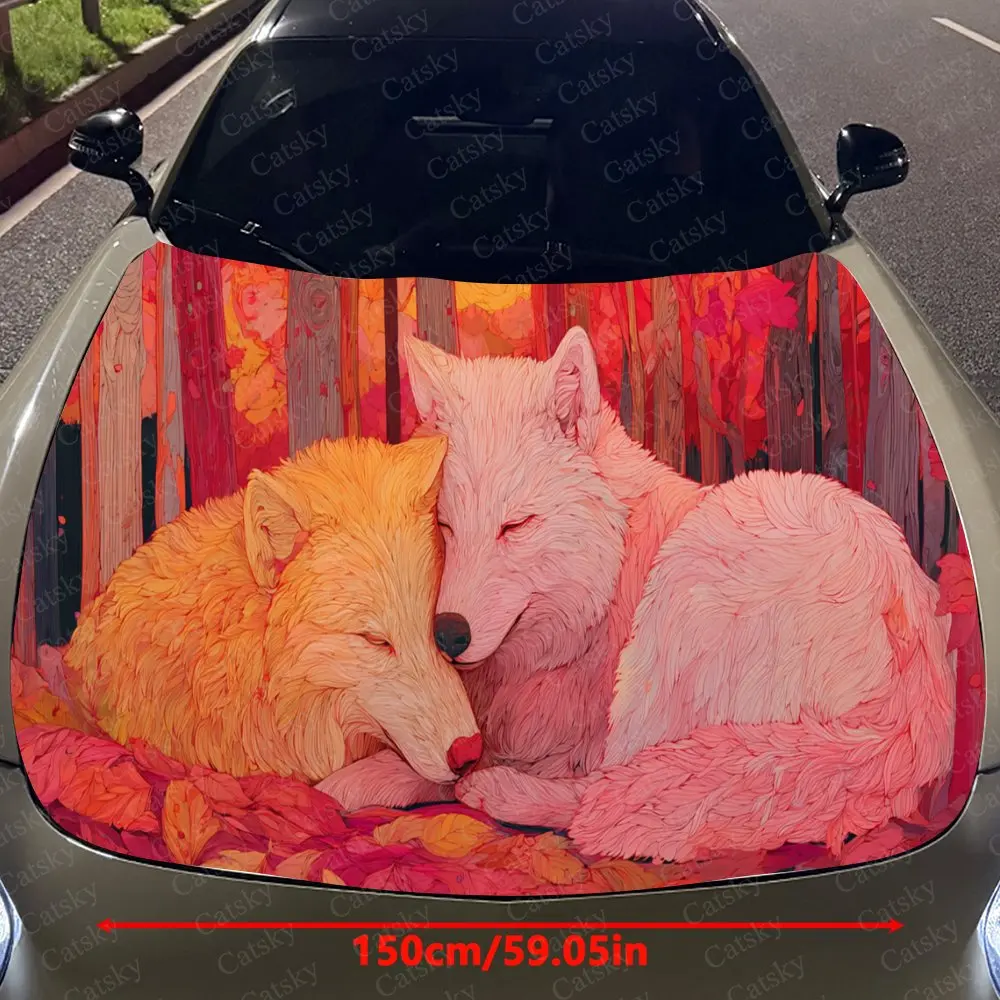 Fantasy Fox Pair Auto Cover Sticker, Waterproof and Self-adhesive Auto Hood Decal, Auto Vinyl Wraps, Cool Car Exterior Decal, Ho