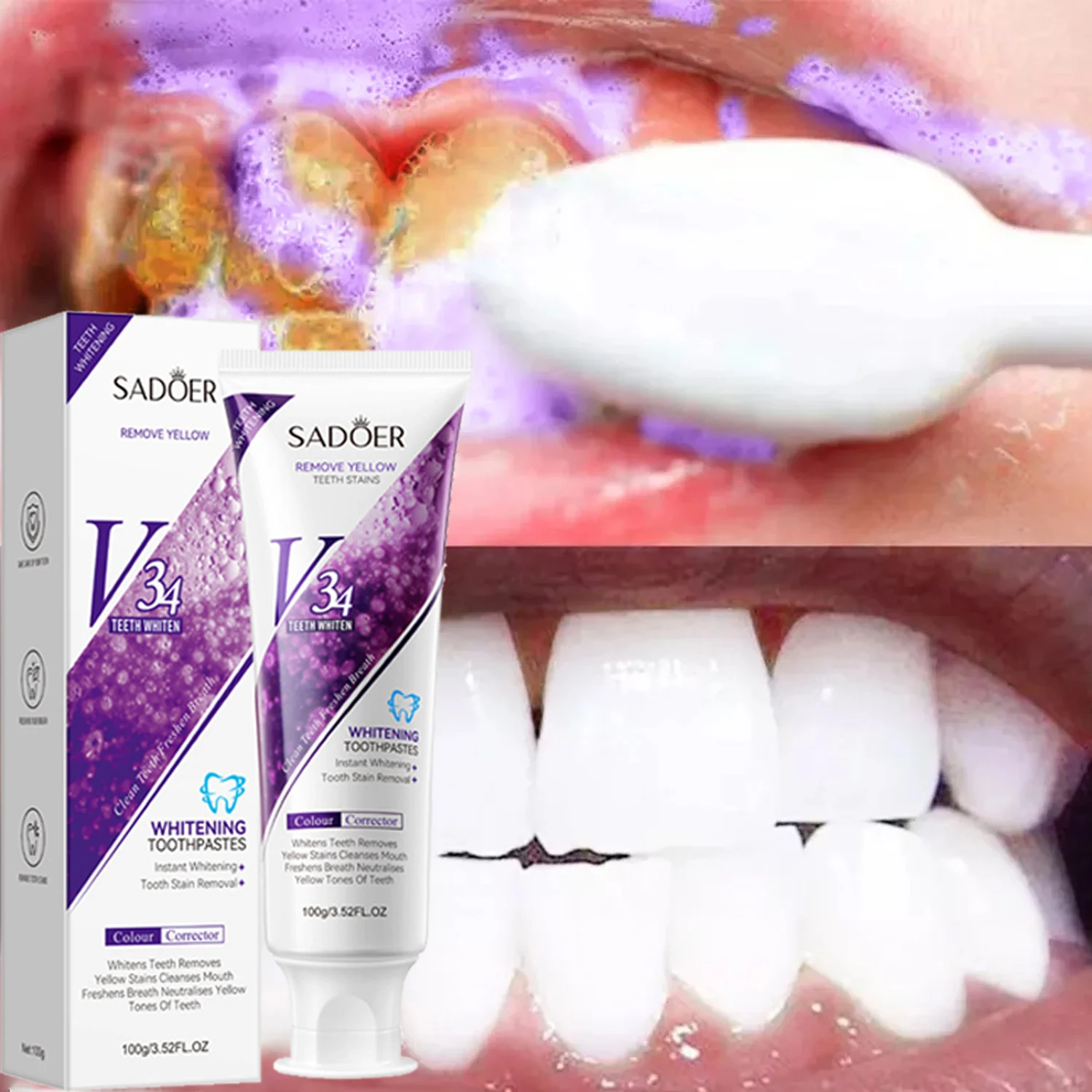 

100g V34 Purple Teeth Whitening Toothpaste Remove Yellow Stains Color Corrector Oral Cleaning Fresh Breath Brighten Dental Tools