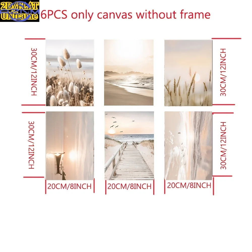 Beige Landscape Canvas Wall Art Set - Sunset Ocean, Beach Prints, Bird & Pampas Grass Reed Canvas Paintings, Modern Bohemian Sty