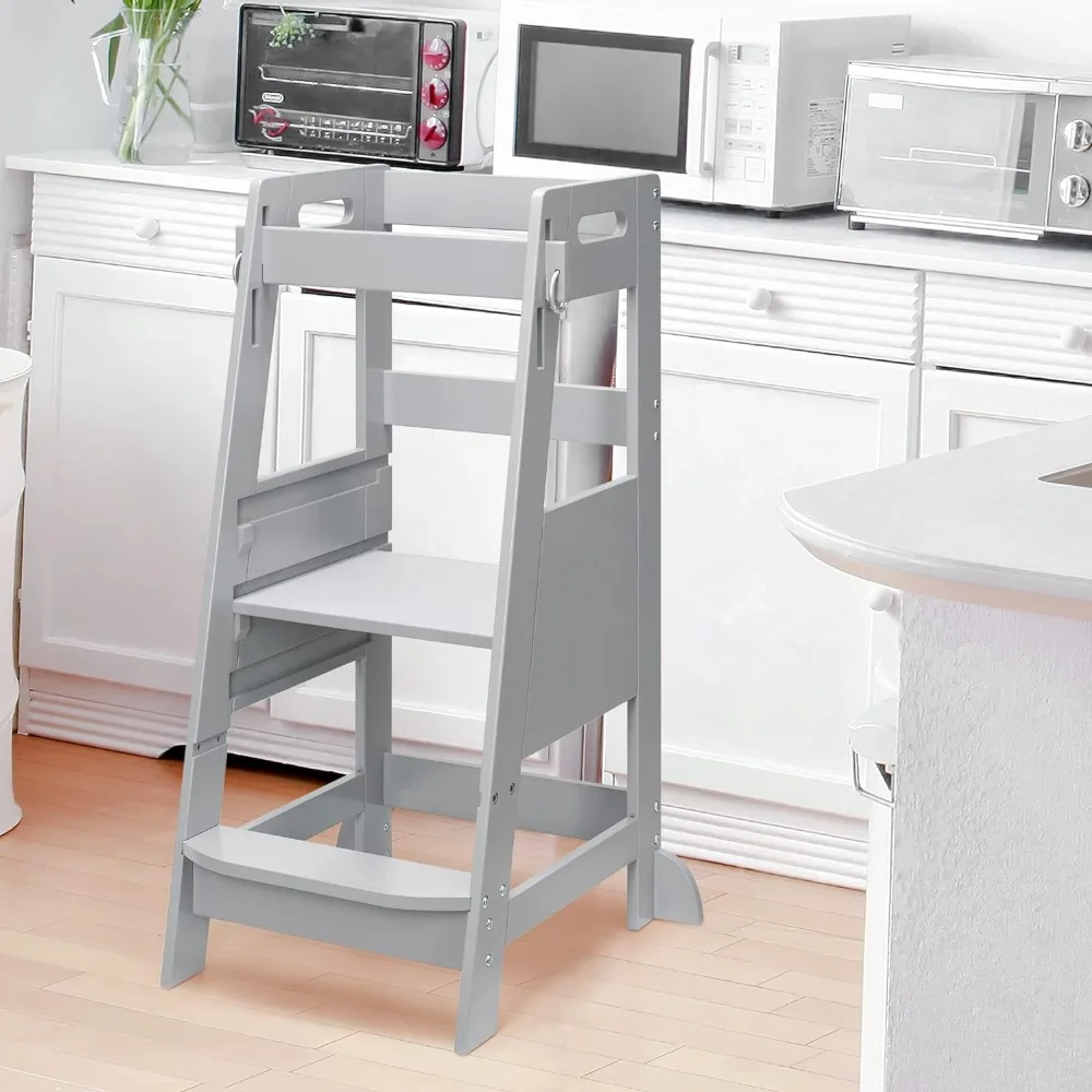 Bamboo Toddler Step Stool Grey Learning Standing Helper Tower for Toddlers Kitchen Stools Counter 3 Height Adjustable Helper