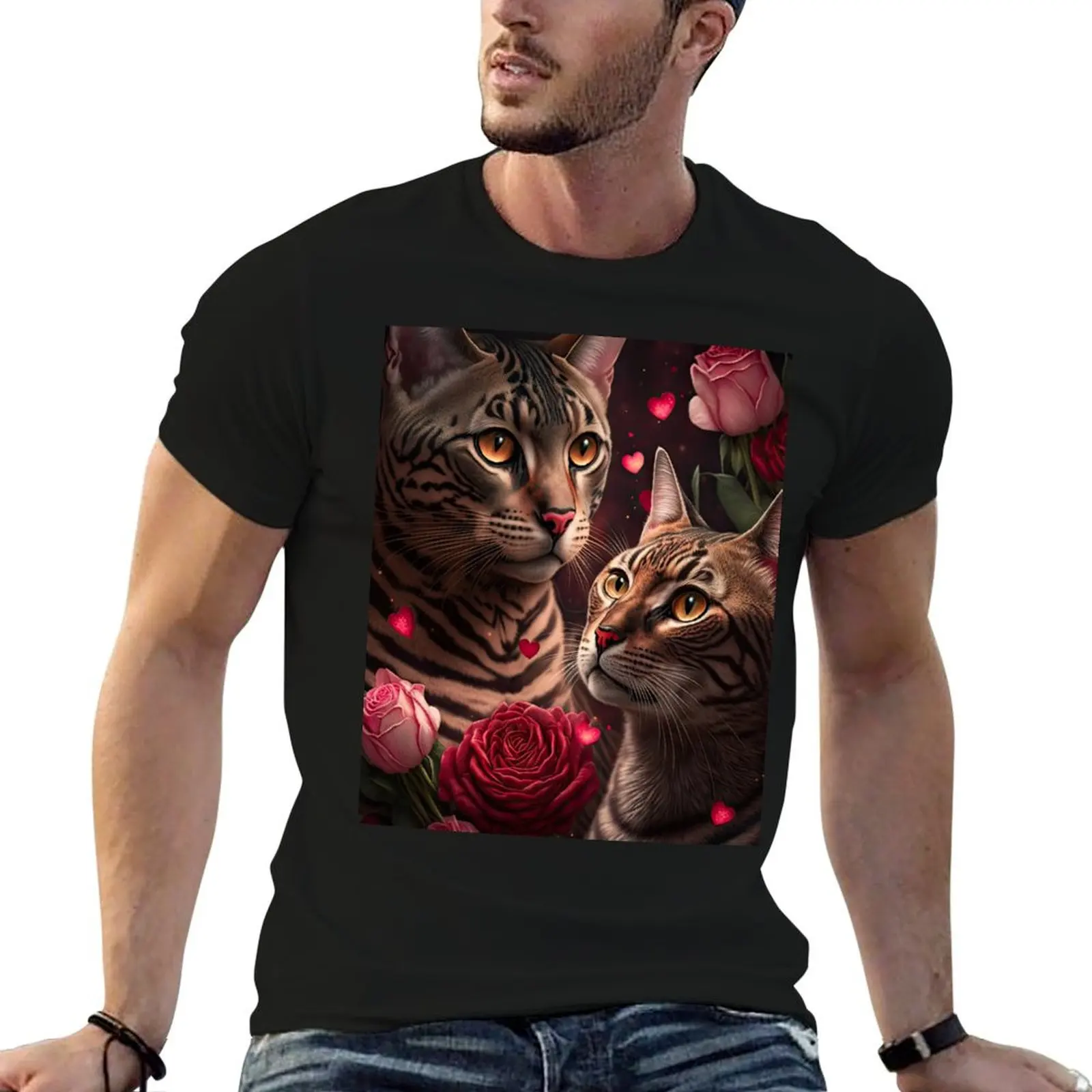 Valentines Bengal Cats with hearts and roses 3 T-Shirt Large Size Casual Short Sleeve Top