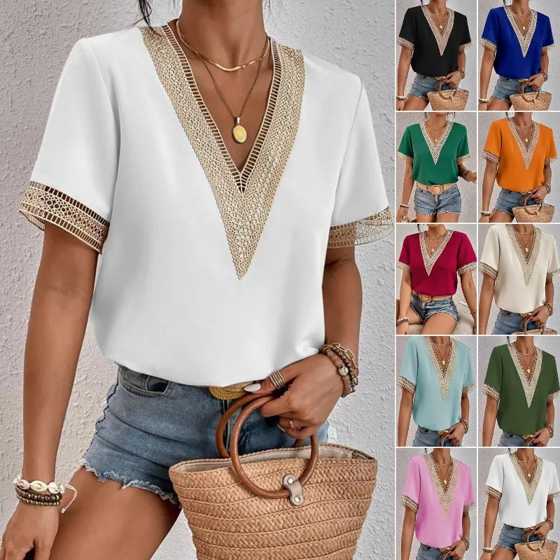 Women's Lace Trim Short Sleeve Chiffon Blouse Elegant Casual Summer Chiffon Tops