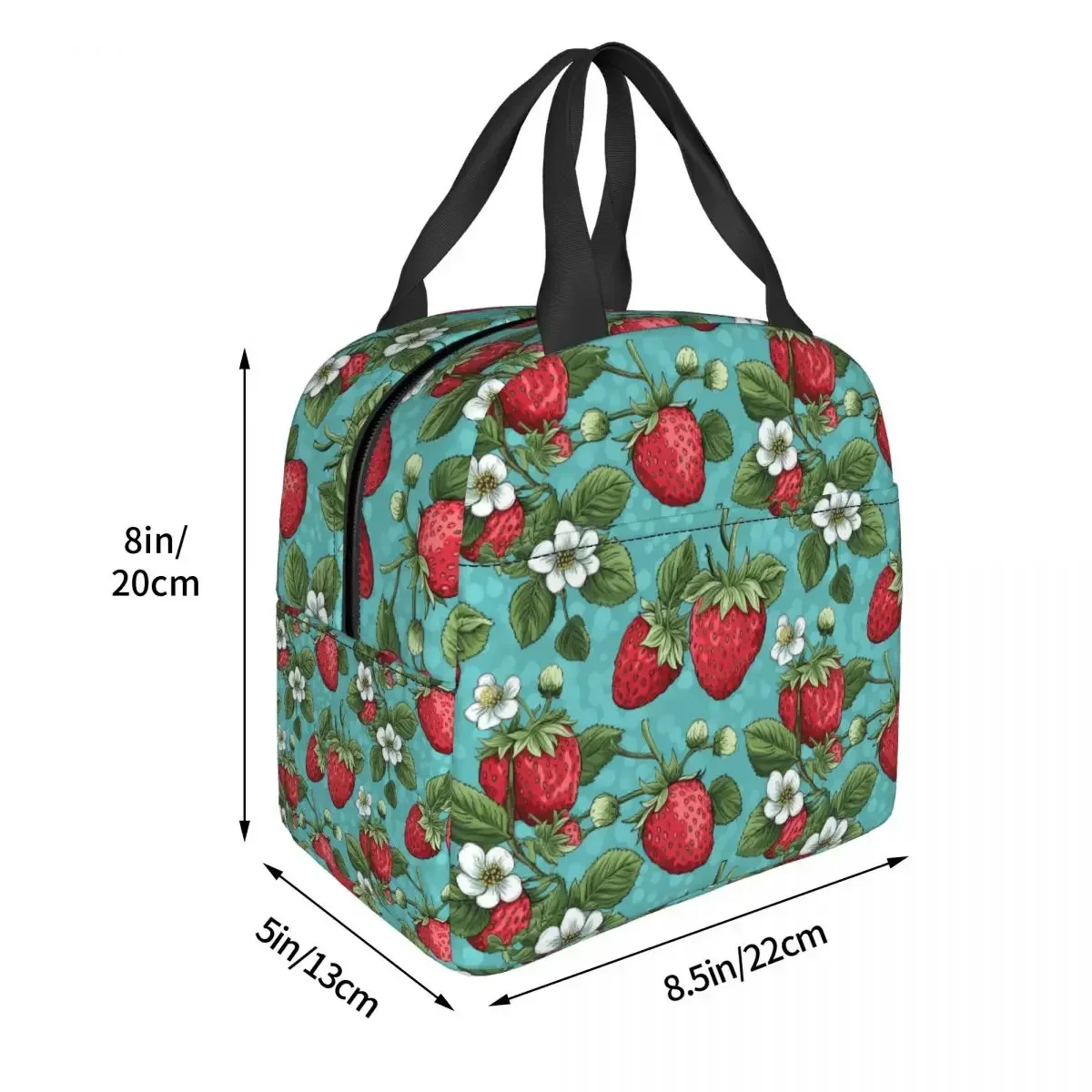 Beautiful Highly Stylized Strawberry With Flowers Pattern Insulated Lunch Bag for Women Children Food Boxes Thermal Lunch Box