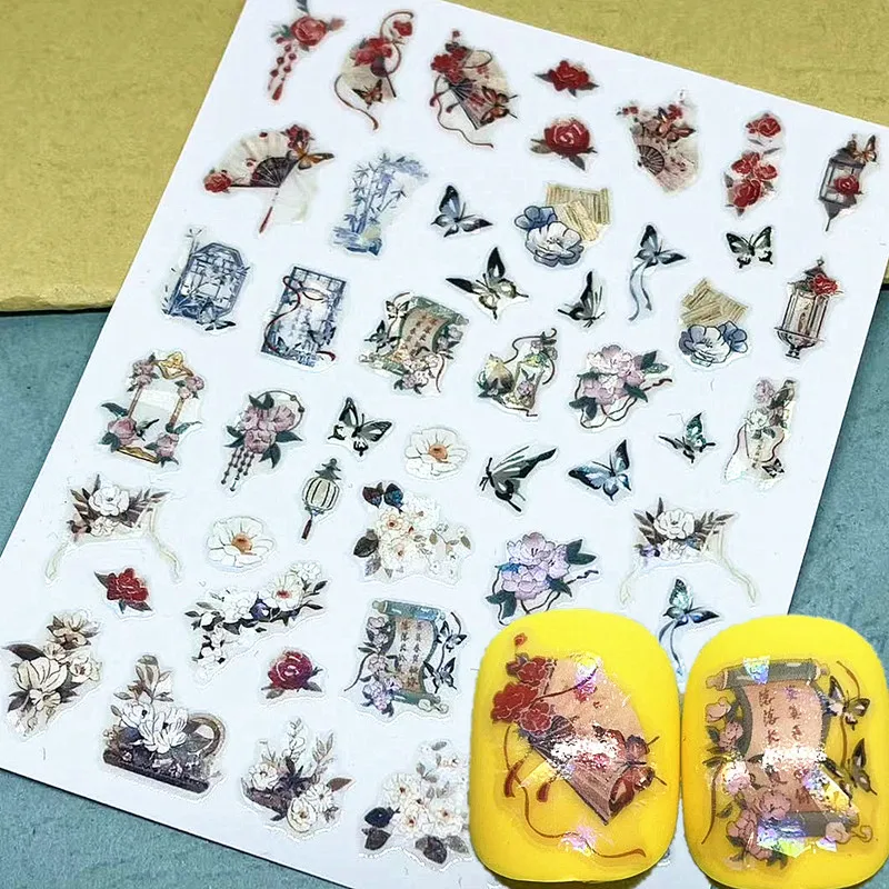 Newest Shinning Butterflies Flash Chinese style Design 3D Self Adhesive Decal Slider DIY Decorations Tools Nail Sticker TG 015