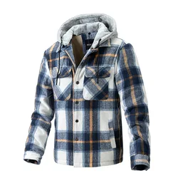 Men's Fleece Plaid Flannel Shirt Jacket Winter Casual Hooded Jacket Thicken Warm Removable Hat Overcoat Sherpa Outerwear MY985