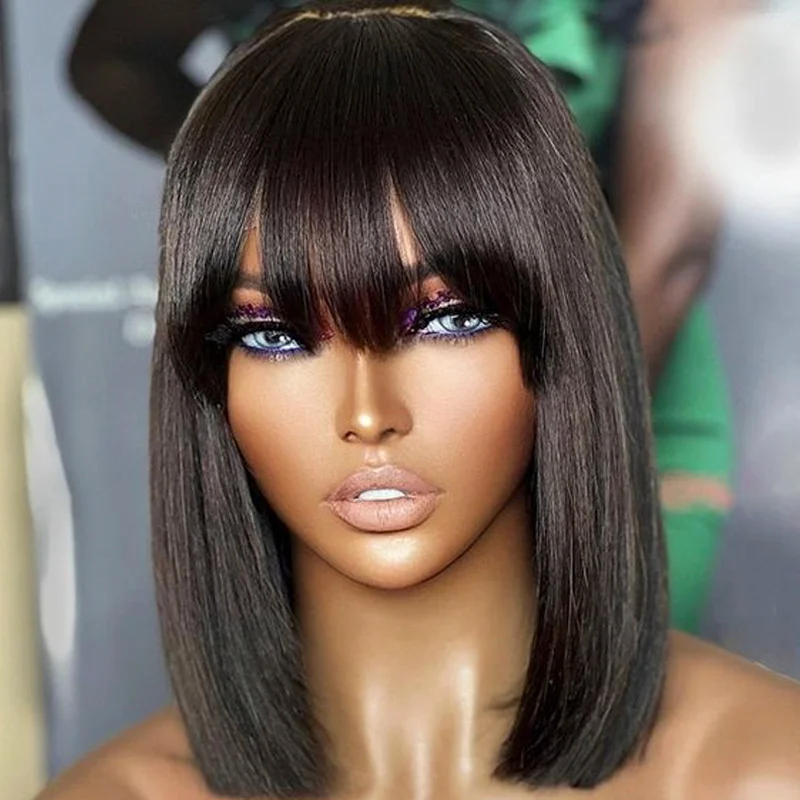 180% Density Straight Bob Wig With Bangs Short Full Machine Made Human Hair Wig Natural Bob Human Hair Wig With Bangs For Women