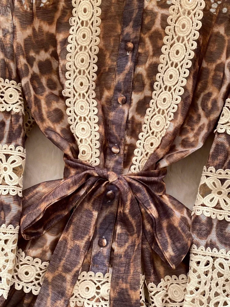 France Elegant Vintage Palace Evening Dress Women Hollow Lace Leopard Short Party Dress Female Casual Chic High End Clothing New
