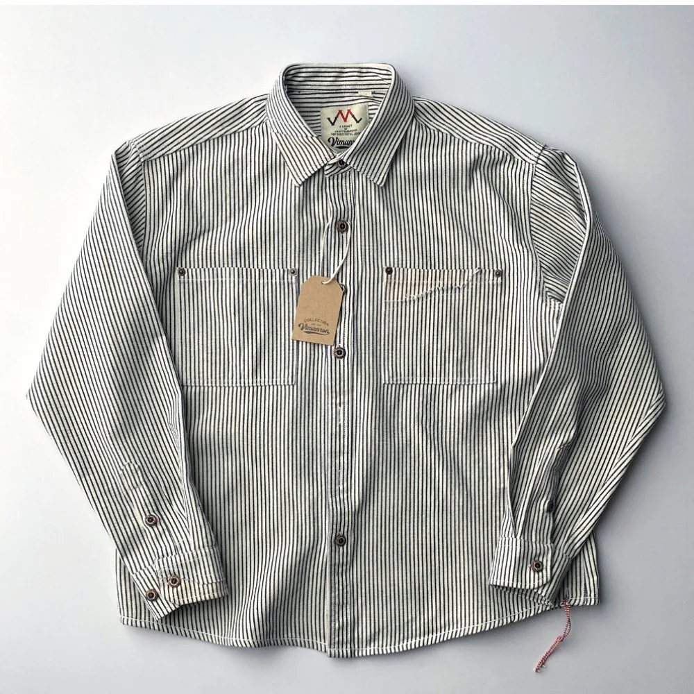 

Men Vintage Vertical Striped Long Sleeve Shirts 100% Cotton Button Down Collar Shirts Loose Chest Pocket Casual Workwear Tops