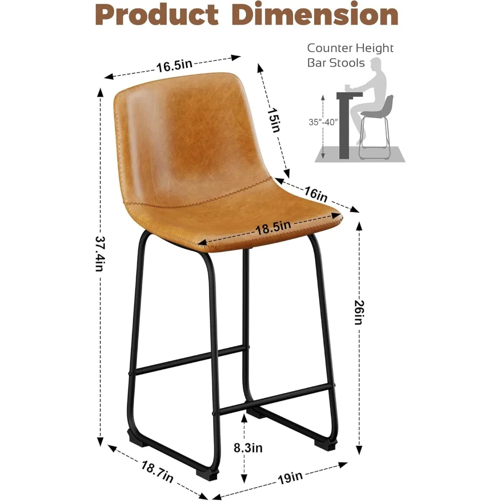 Modern Counter Height Bar Stools with Back, 26 inch Faux Leather Bar Stools with Metal Legs and Footrest Suitable for kitchens