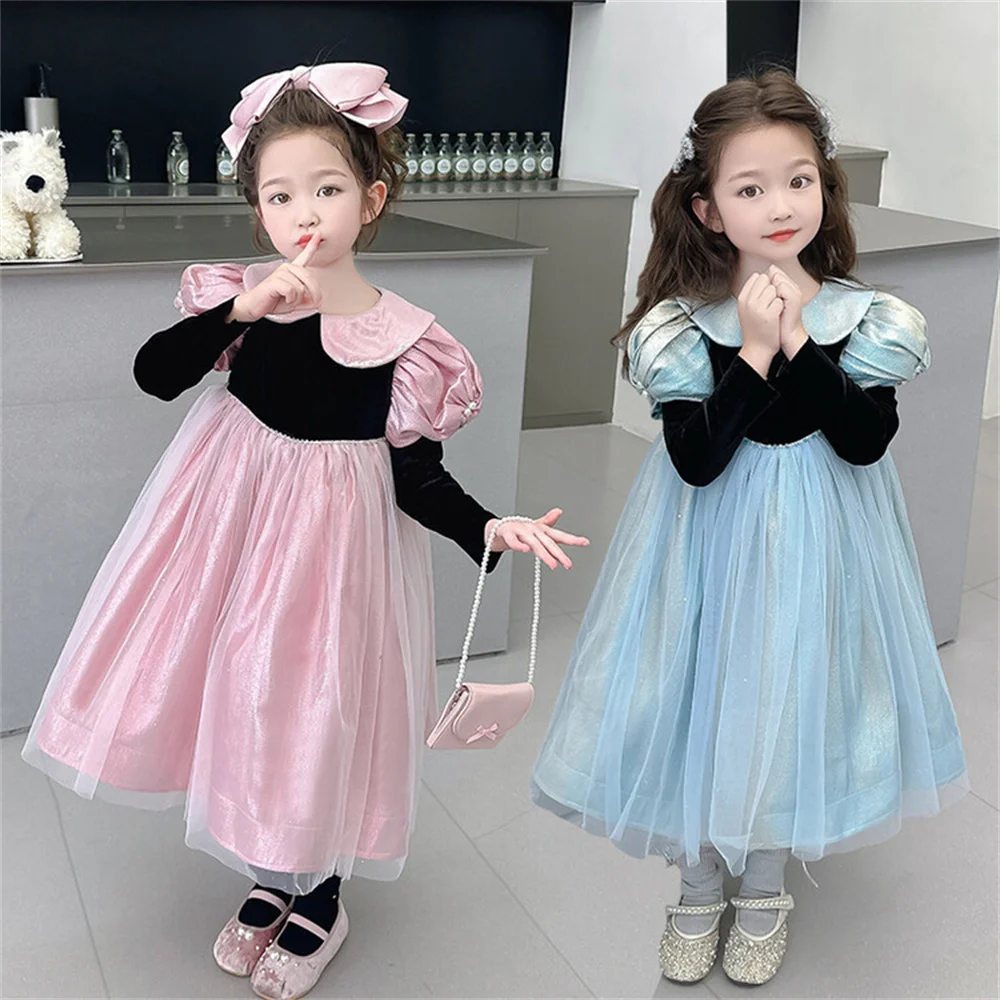 24051Vestido de terciopelo, vestido de otoño con cuello de muñeca, falda de malla, vestido de manga larga para niñas, falda de princesa francesa, falda esponjosa